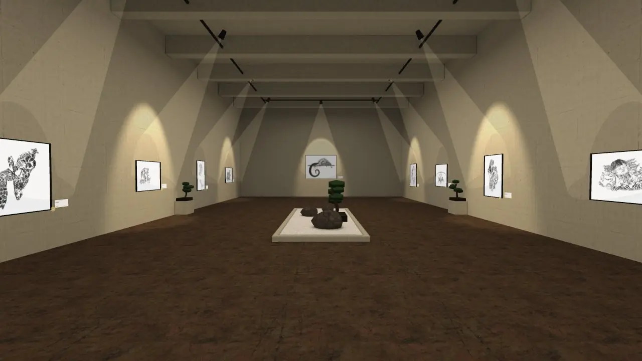 Sala 5, Linaje de la Tierra: galería de concreto con bonsáis